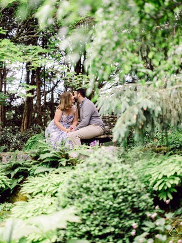 During their engagement session at Cady Falls Botanical Garden in Stowe, Vermont, the couple shared an intimate kiss, sitting closely in the trees, capturing a tender and warm embrace before their upcoming wedding.
