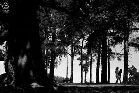 Amidst the stunning backdrop of Brocket Hall in Hertfordshire, a black and white image captures the silhouette of the bride and groom-to-be standing in the tree line on the golf course.